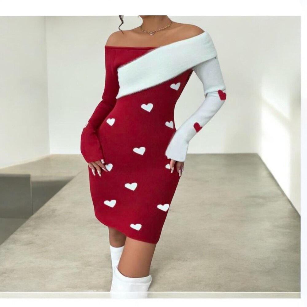 ONE LEFT, MARKED DOWN!!! - Heart Pattern Off-Shoulder Knit Sweater Dress NWT